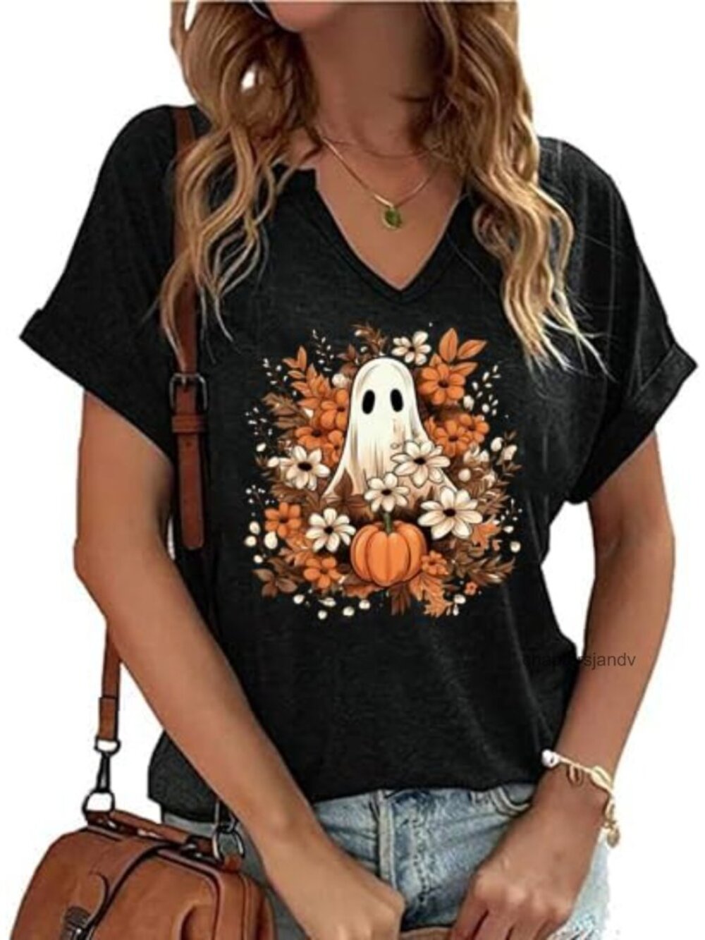 Women's V Neck Pumpkin Graphic T-Shirt Fall Halloween Thanksgiving Tee